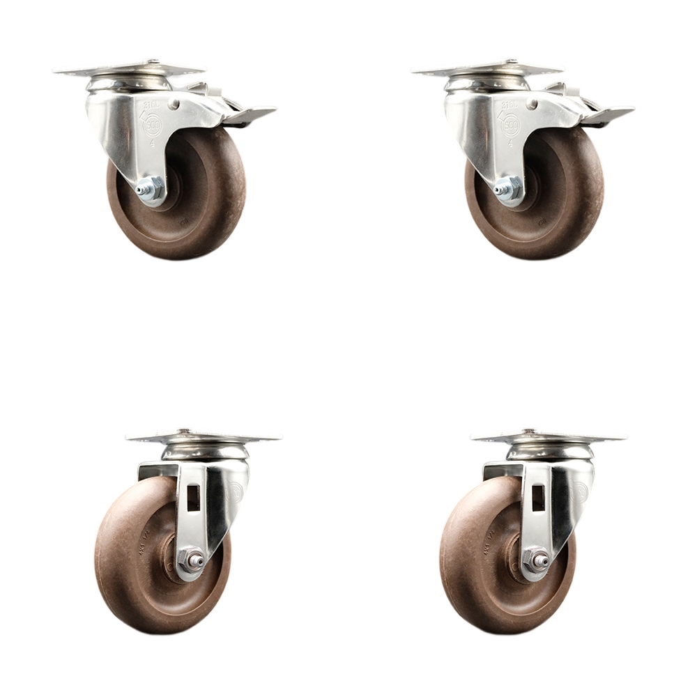 High Temp Glass Filled Nylon Swivel Top Plate Caster Set of 4 with 4 Inch Brown Caster Wheels - 316 Stainless Steel Casters - Includes 2 Swivel with Total Lock Brakes and 2 Swivel-Service Caster Brand — photo 1
