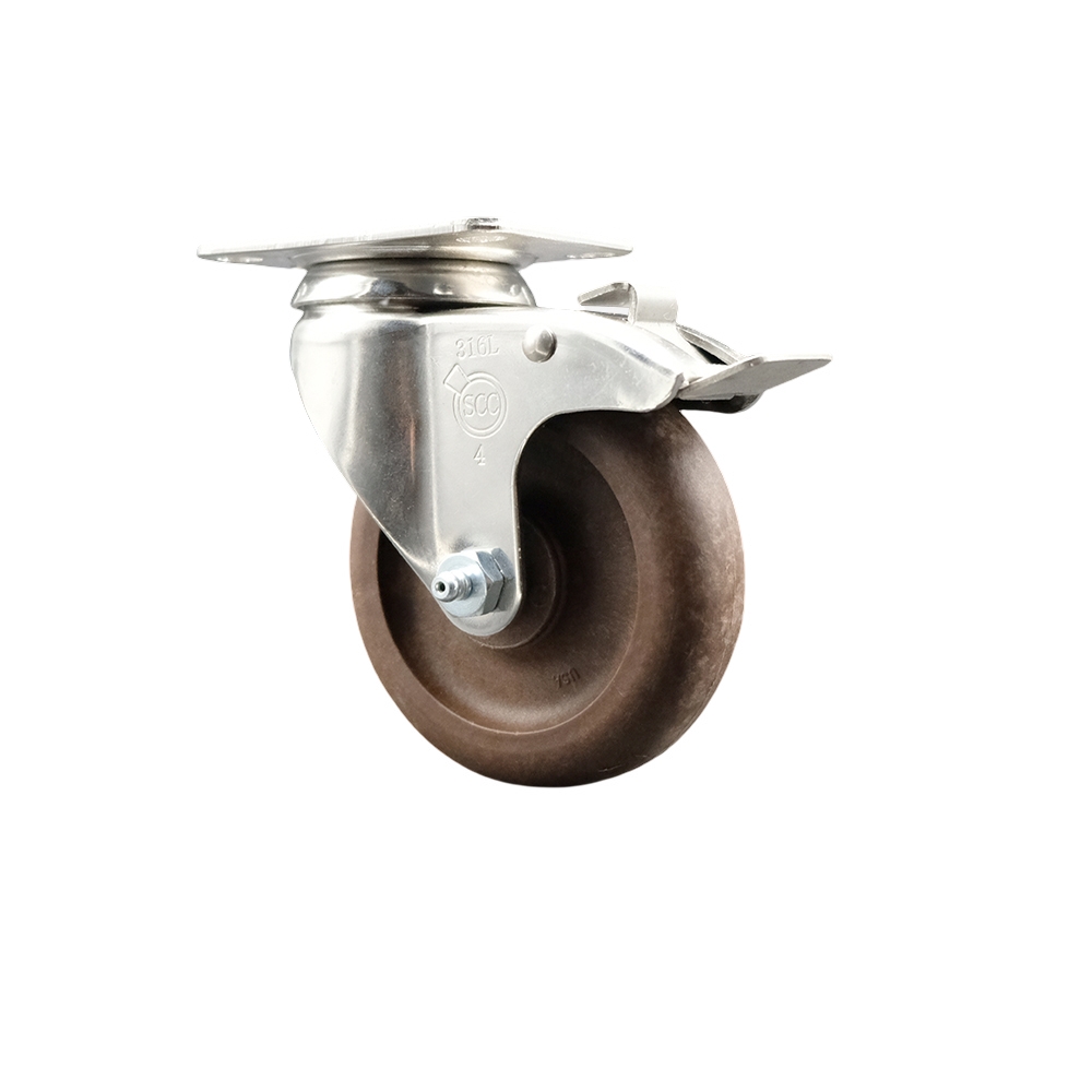 High Temperature Glass Filled Nylon Swivel Top Plate Caster with 4 Inch Brown Caster Wheel and Total Lock Brake - 316 Stainless Steel Caster - 350 lbs. Capacity Per Caster - Service Caster Brand — photo 1
