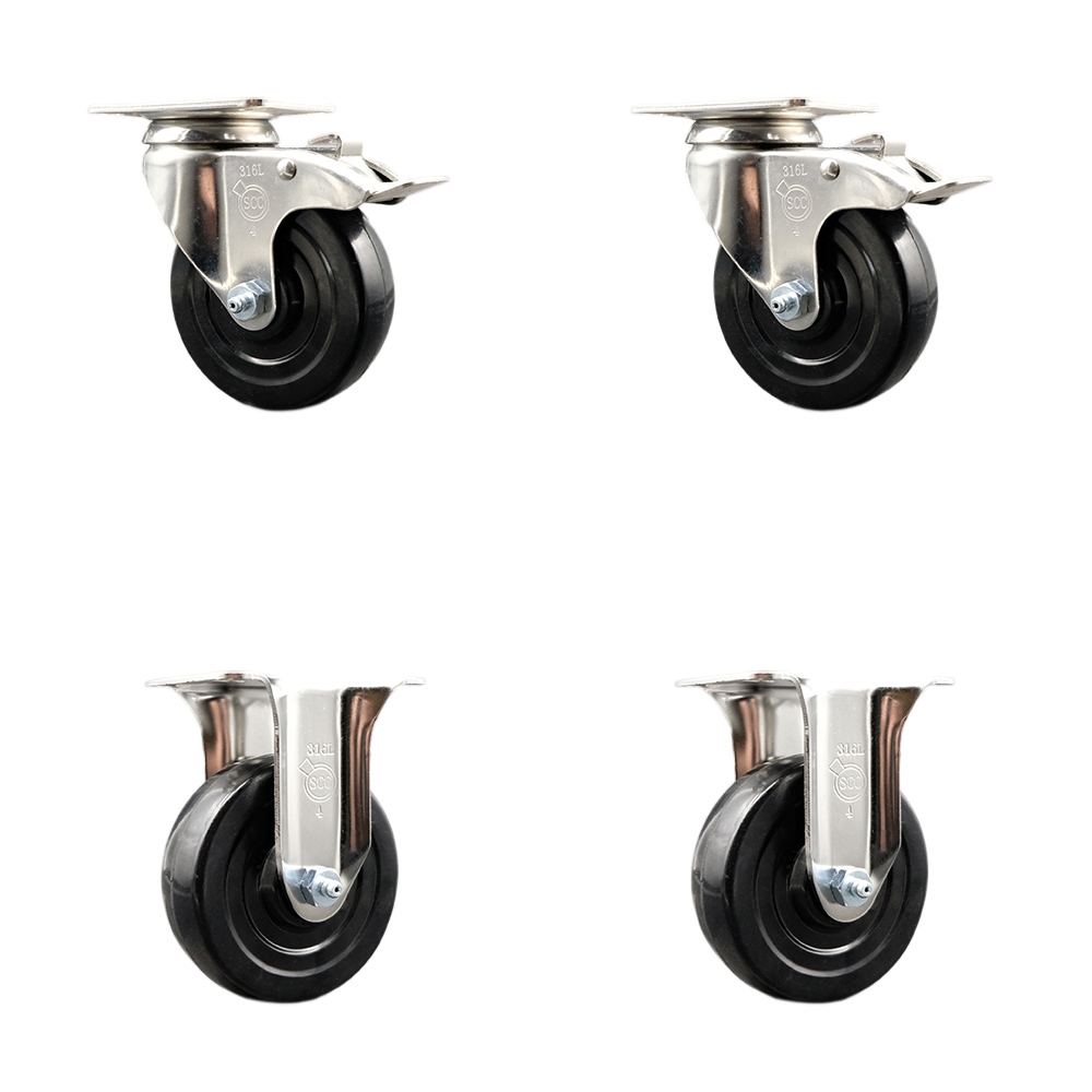 Hard Rubber Swivel Top Plate Caster Set of 4 with 4 Inch Black Caster Wheels - 316 Stainless Steel Casters - Includes 2 Swivel with Total Lock Brakes and 2 Rigid - Service Caster Brand — photo 1