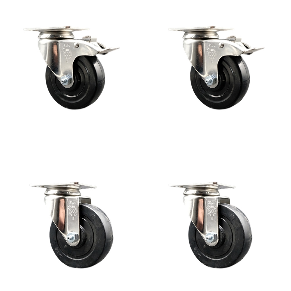 Hard Rubber Swivel Top Plate Caster Set of 4 with 4 Inch Black Caster Wheels - 316 Stainless Steel Casters - Includes 2 Swivel with Total Lock Brakes and 2 Swivel - Service Caster Brand — photo 1