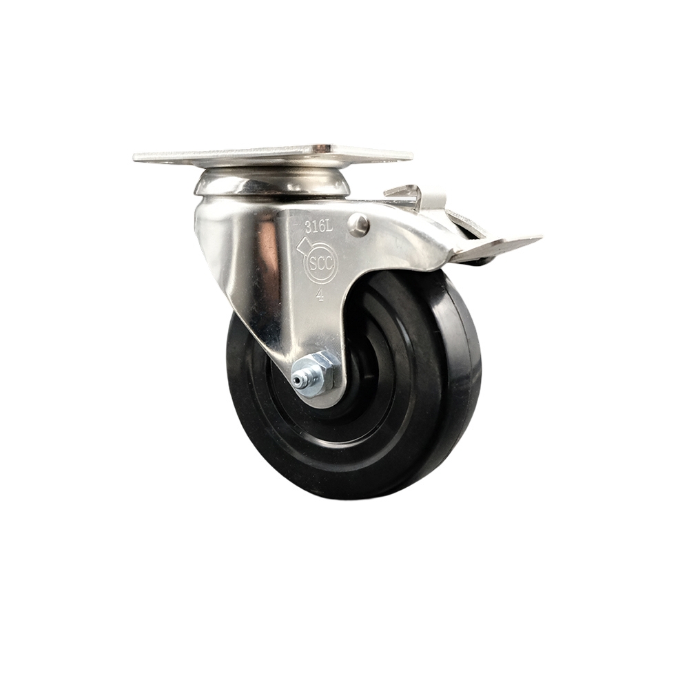 Hard Rubber Swivel Top Plate Caster with 4 Inch Black Caster Wheel and Total Lock Brake - 316 Stainless Steel Caster - 300 lbs. Capacity Per Caster - Service Caster Brand — photo 1