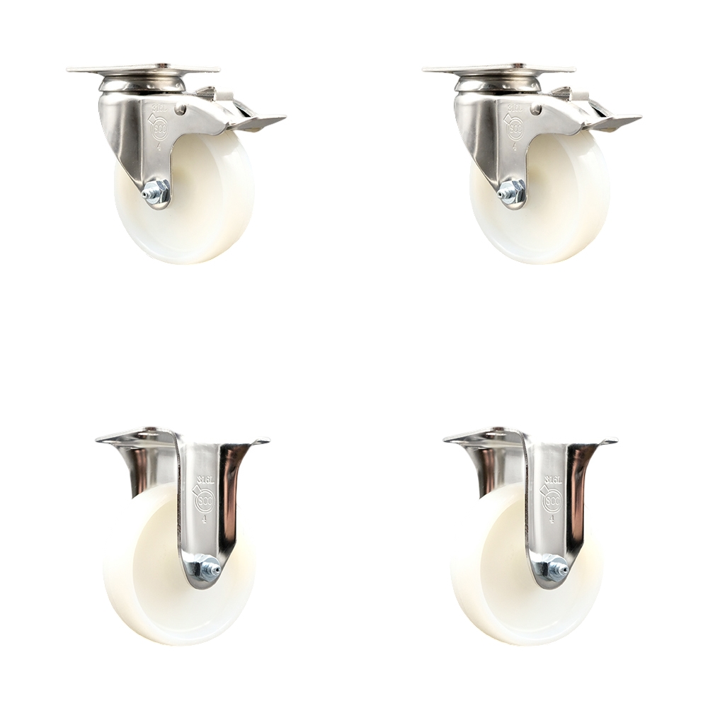 Nylon Swivel Top Plate Caster Set of 4 with 4 Inch White Caster Wheels - 316 Stainless Steel Casters - Includes 2 Swivel with Total Lock Brakes and 2 Rigid - Service Caster Brand — photo 1