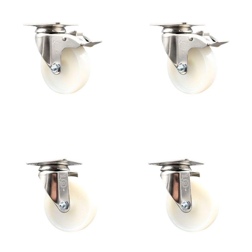 Nylon Swivel Top Plate Caster Set of 4 with 4 Inch White Caster Wheels - 316 Stainless Steel Casters - Includes 2 Swivel with Total Lock Brakes and 2 Swivel - Service Caster Brand — photo 1