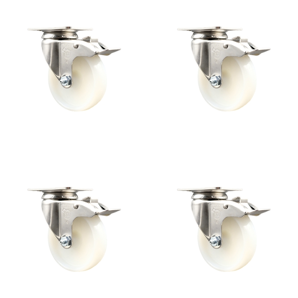 Nylon Swivel Top Plate Caster Set of 4 with 4 Inch White Caster Wheels-316 Stainless Steel Casters - Includes 4 Swivel Casters with Total Lock Brakes - 1,200 lbs. Total Capacity - Service Caster Brand — photo 1