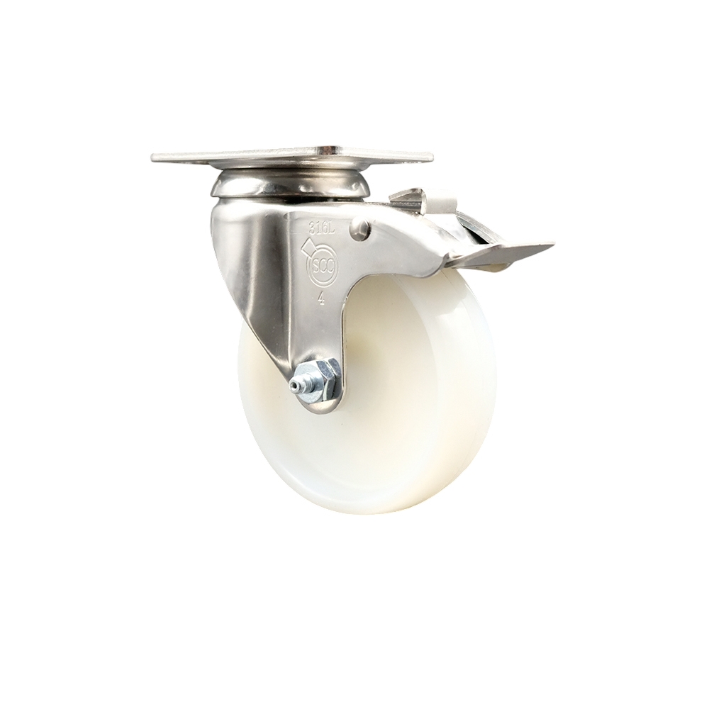 Nylon Swivel Top Plate Caster with 4 Inch White Caster Wheel and Total Lock Brake - 316 Stainless Steel Caster - 300 lbs. Capacity Per Caster - Service Caster Brand — photo 1