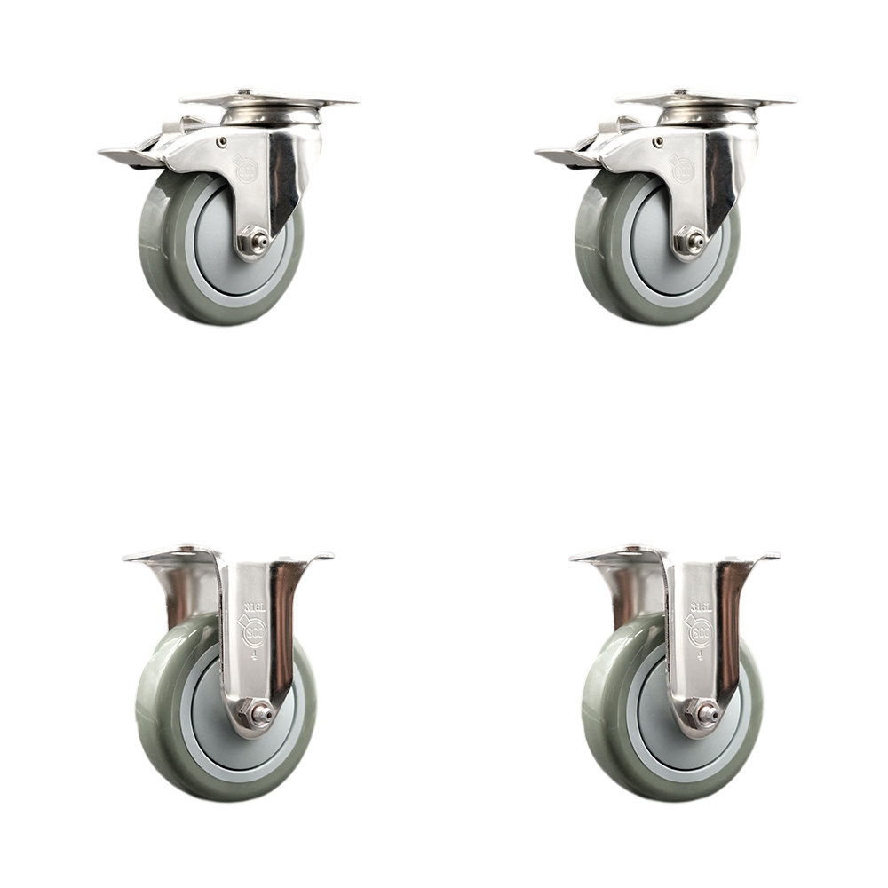 Polyurethane Swivel Top Plate Caster Set of 4 with 4 Inch Gray Caster Wheels - 316 Stainless Steel Casters - Includes 2 Swivel with Total Lock Brakes and 2 Rigid - Service Caster Brand — photo 1