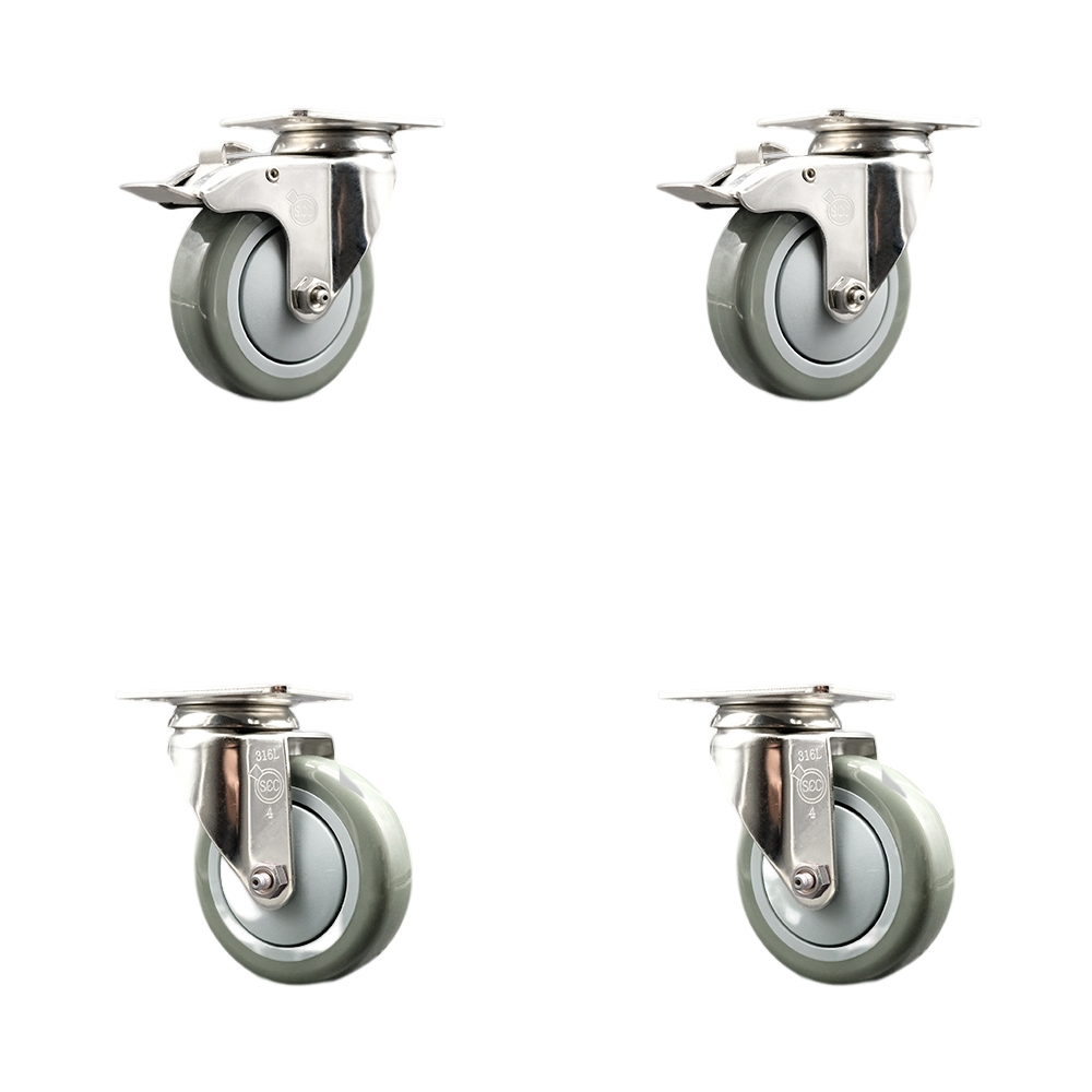 Polyurethane Swivel Top Plate Caster Set of 4 with 4 Inch Gray Caster Wheels - 316 Stainless Steel Casters - Includes 2 Swivel with Total Lock Brakes and 2 Swivel - Service Caster Brand — photo 1