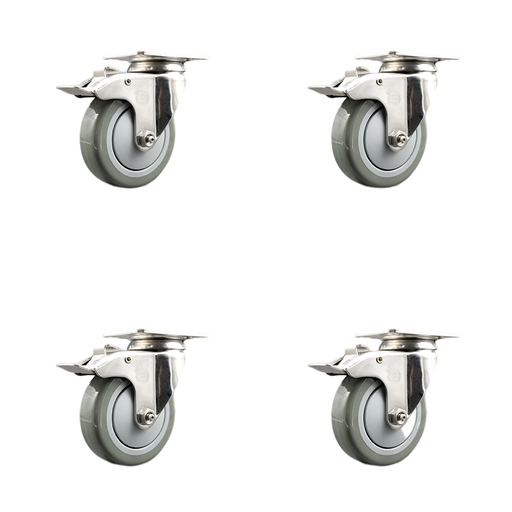 Polyurethane Swivel Top Plate Caster Set of 4 with 4 Inch Gray Caster Wheels-316 Stainless Steel Caster- Includes 4 Swivel Casters with Total Lock Brake-1,400 lbs. Total Capacity- Service Caster Brand — photo 1