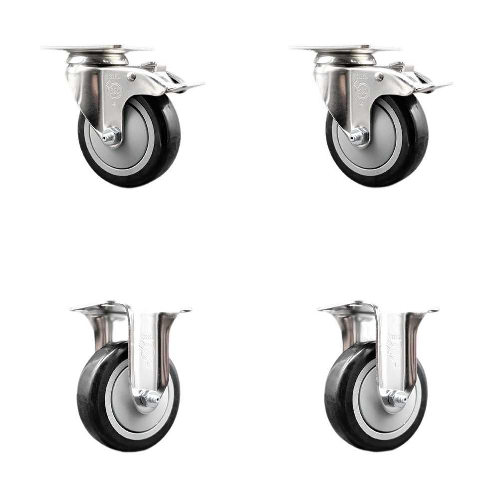 Polyurethane Swivel Top Plate Caster Set of 4 with 4 Inch Black Caster Wheels - 316 Stainless Steel Casters - Includes 2 Swivel with Total Lock Brakes and 2 Rigid - Service Caster Brand — photo 1