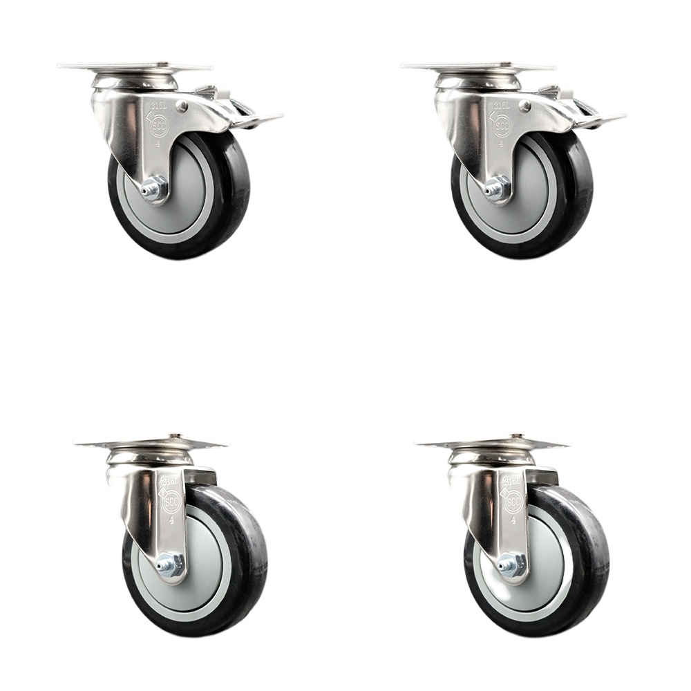 Polyurethane Swivel Top Plate Caster Set of 4 with 4 Inch Black Caster Wheels - 316 Stainless Steel Casters - Includes 2 Swivel with Total Lock Brakes and 2 Swivel - Service Caster Brand — photo 1