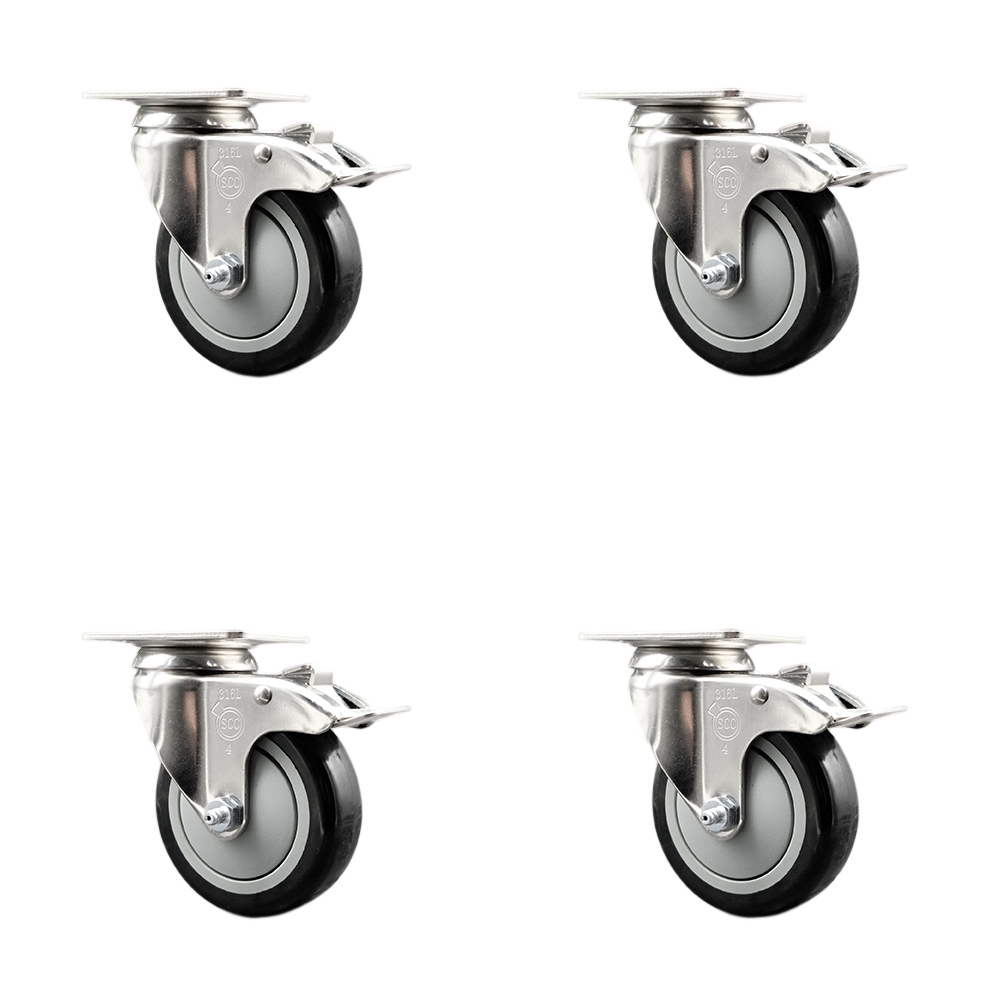 Polyurethane Swivel Top Plate Caster Set of 4 with 4 Inch Black Caster Wheels-316 Stainless Steel Caster- Includes 4 Swivel Casters with Total Lock Brake-1,400 lbs. Total Capacity-Service Caster Brand — photo 1