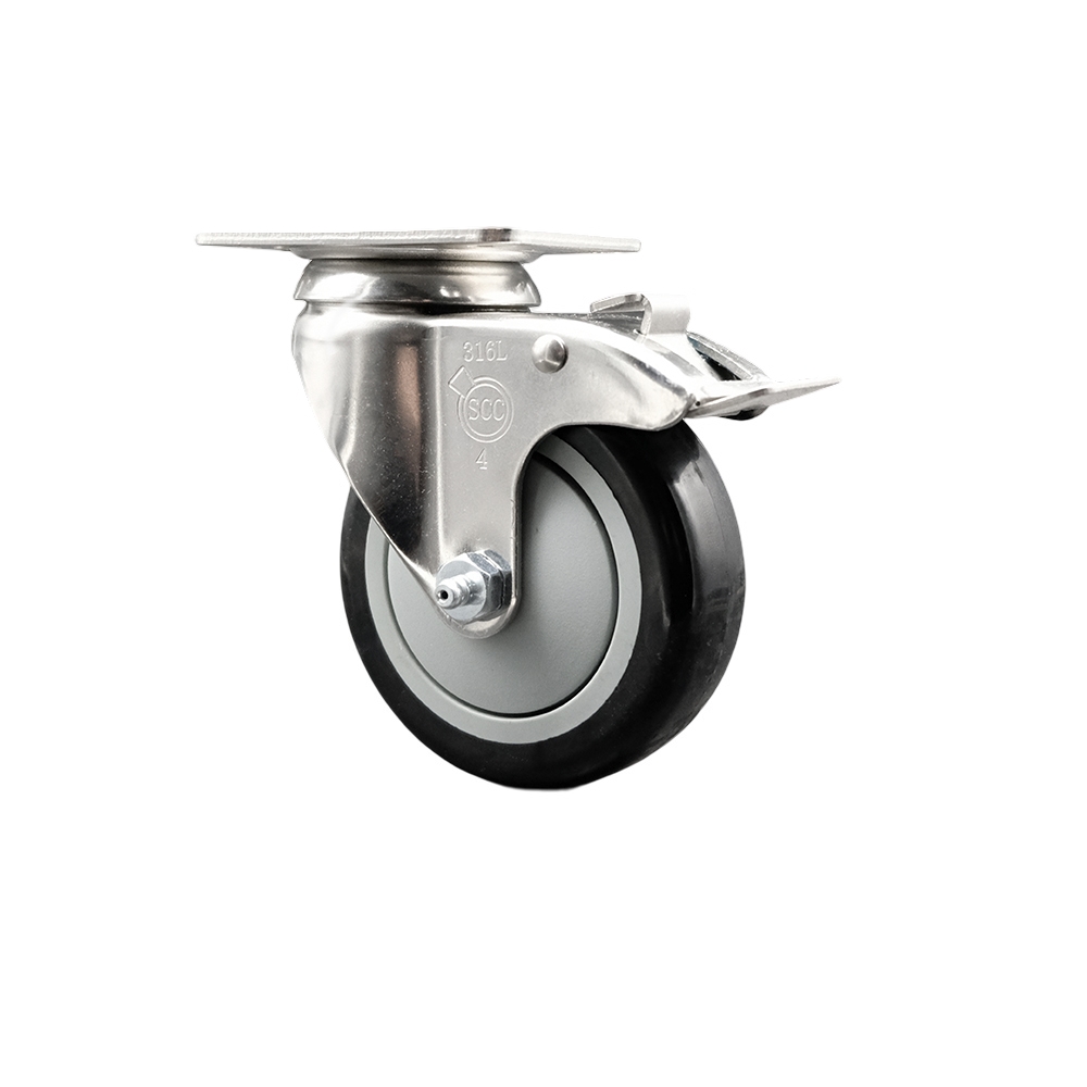 Polyurethane Swivel Top Plate Caster with 4 Inch Black Caster Wheel and Total Lock Brake - 316 Stainless Steel Caster - 350 lbs. Capacity Per Caster - Service Caster Brand — photo 1