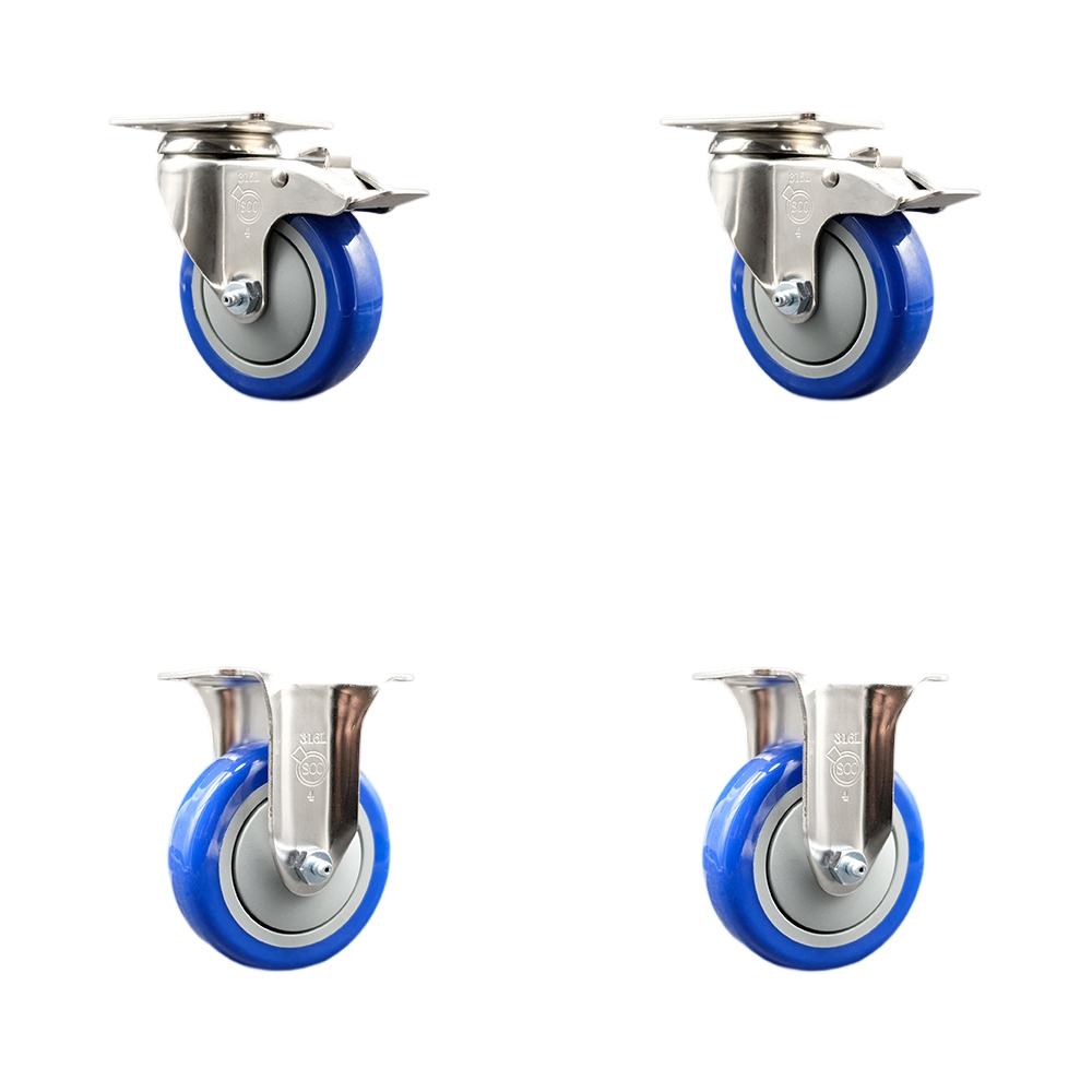 Polyurethane Swivel Top Plate Caster Set of 4 with 4 Inch Blue Caster Wheels - 316 Stainless Steel Casters - Includes 2 Swivel with Total Lock Brakes and 2 Rigid - Service Caster Brand — photo 1