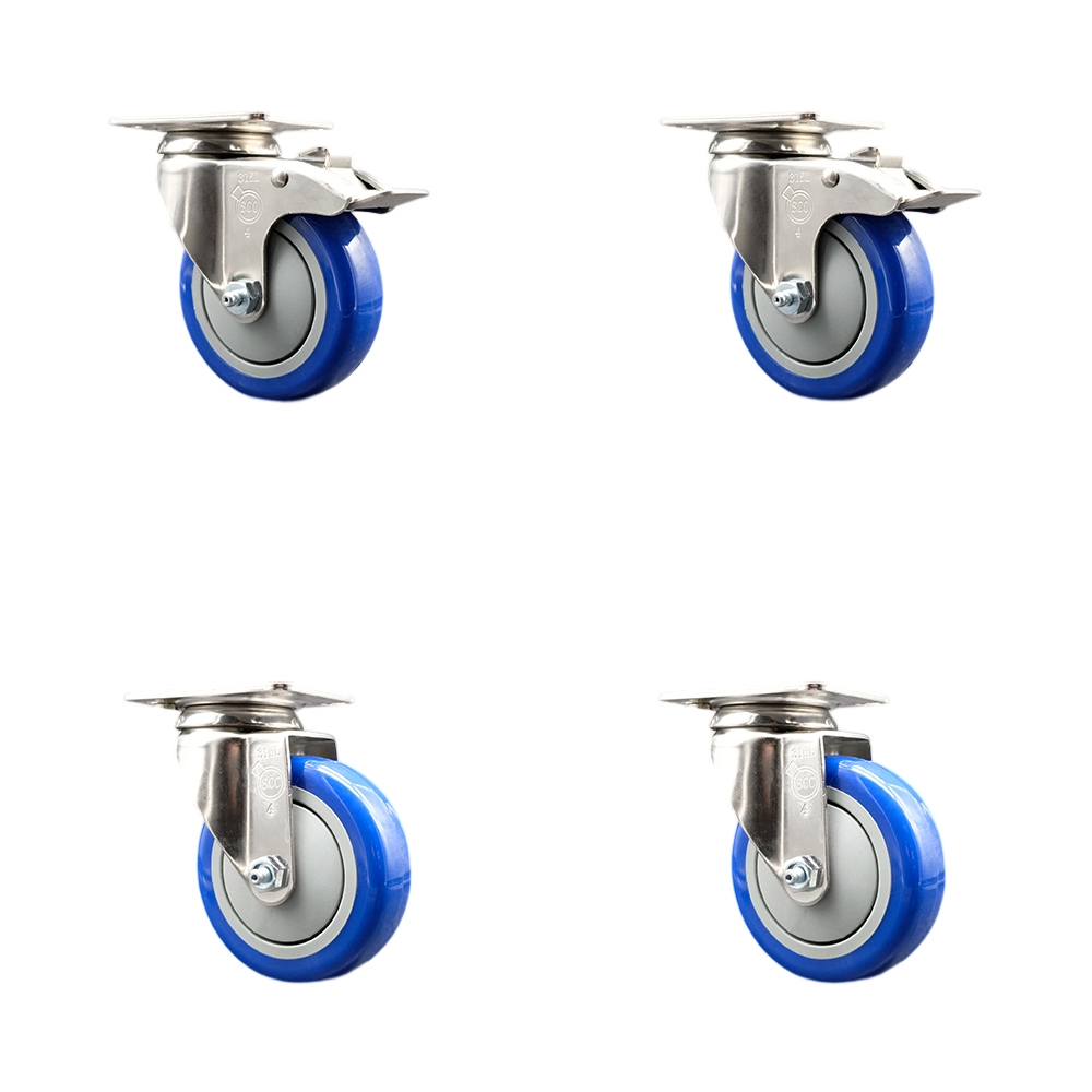 Polyurethane Swivel Top Plate Caster Set of 4 with 4 Inch Blue Caster Wheels - 316 Stainless Steel Casters - Includes 2 Swivel with Total Lock Brakes and 2 Swivel - Service Caster Brand — photo 1