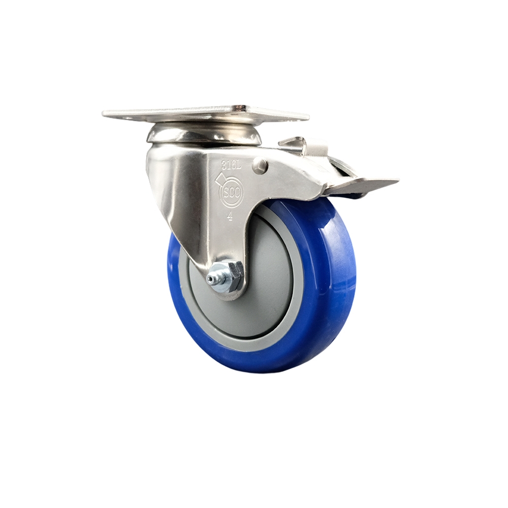 Polyurethane Swivel Top Plate Caster with 4 Inch Blue Caster Wheel and Total Lock Brake - 316 Stainless Steel Caster - 350 lbs. Capacity Per Caster - Service Caster Brand — photo 1
