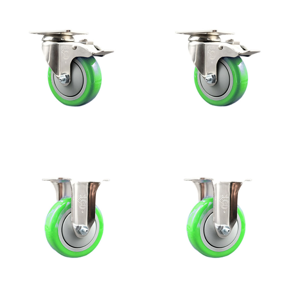 Polyurethane Swivel Top Plate Caster Set of 4 with 4 Inch Green Caster Wheels - 316 Stainless Steel Casters - Includes 2 Swivel with Total Lock Brakes and 2 Rigid - Service Caster Brand — photo 1