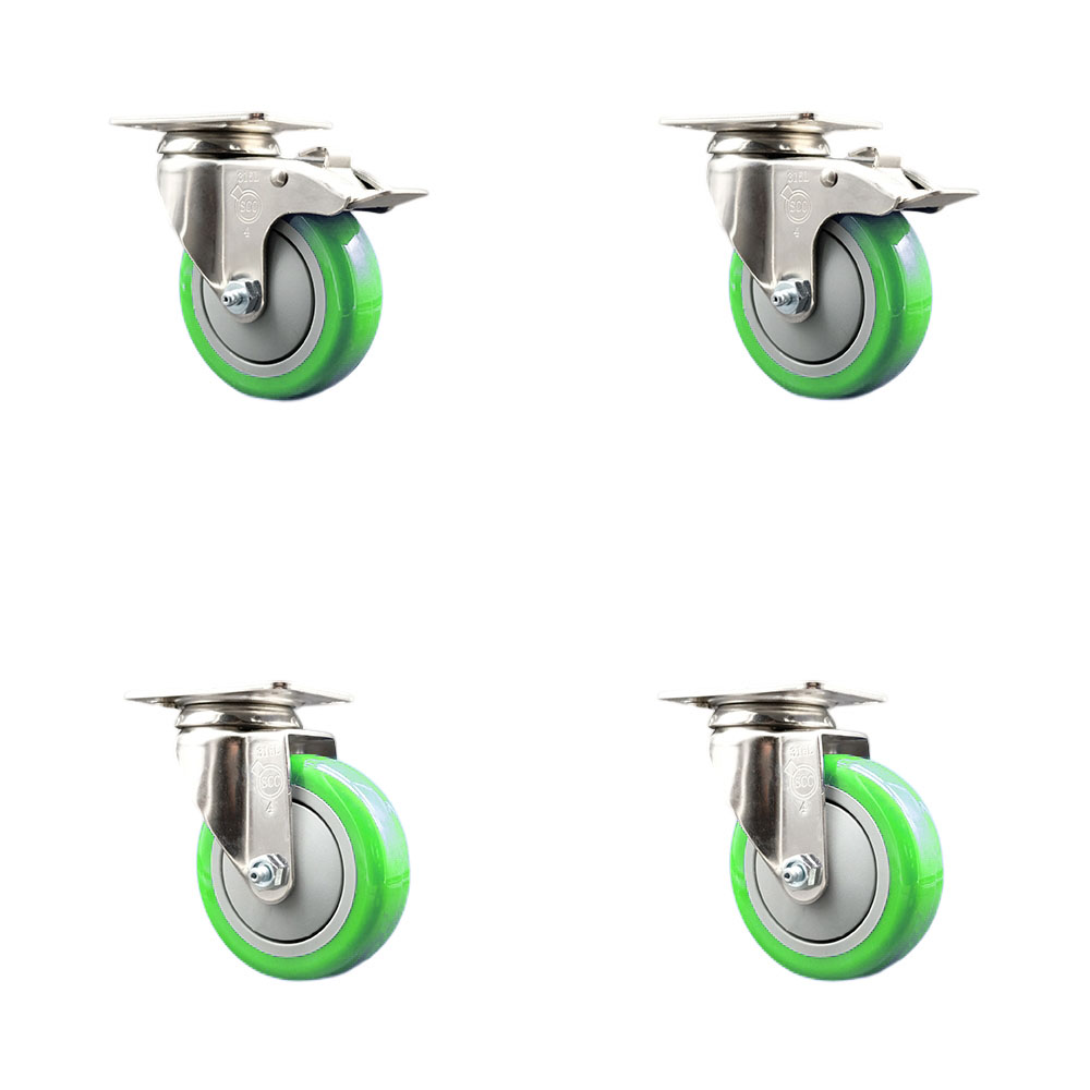 Polyurethane Swivel Top Plate Caster Set of 4 with 4 Inch Green Caster Wheels - 316 Stainless Steel Casters - Includes 2 Swivel with Total Lock Brakes and 2 Swivel - Service Caster Brand — photo 1