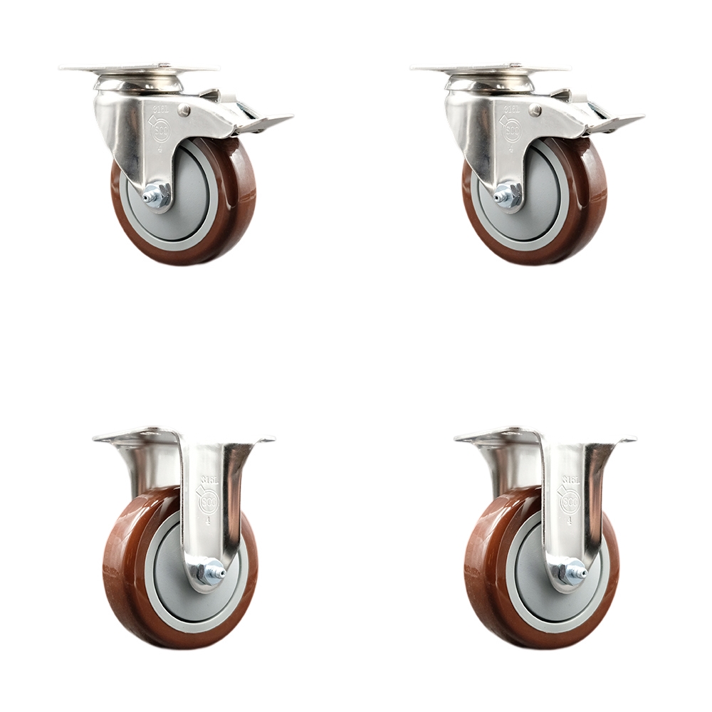 Polyurethane Swivel Top Plate Caster Set of 4 with 4 Inch Maroon Caster Wheels - 316 Stainless Steel Casters - Includes 2 Swivel with Total Lock Brakes and 2 Rigid - Service Caster Brand — photo 1