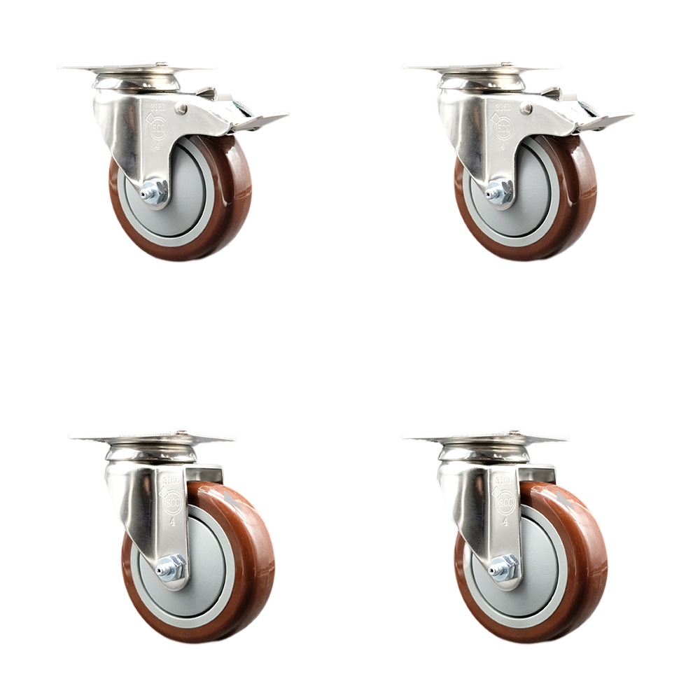 Polyurethane Swivel Top Plate Caster Set of 4 with 4 Inch Maroon Caster Wheels - 316 Stainless Steel Casters - Includes 2 Swivel with Total Lock Brakes and 2 Swivel - Service Caster Brand — photo 1