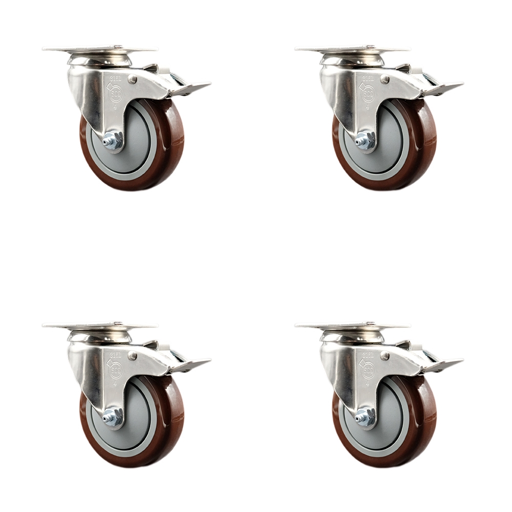 Polyurethane Swivel Top Plate Caster Set of 4 with 4 Inch Maroon Caster Wheels-316 Stainless Steel Caster-Includes 4 Swivel Casters with Total Lock Brake-1,400lbs. Total Capacity- Service Caster Brand — photo 1