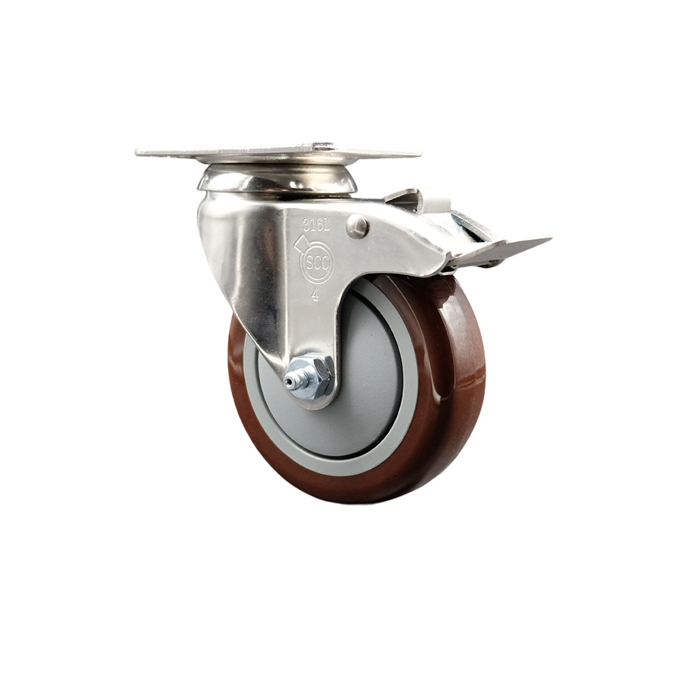 Polyurethane Swivel Top Plate Caster with 4 Inch Maroon Caster Wheel and Total Lock Brake - 316 Stainless Steel Caster - 350 lbs. Capacity Per Caster - Service Caster Brand — photo 1
