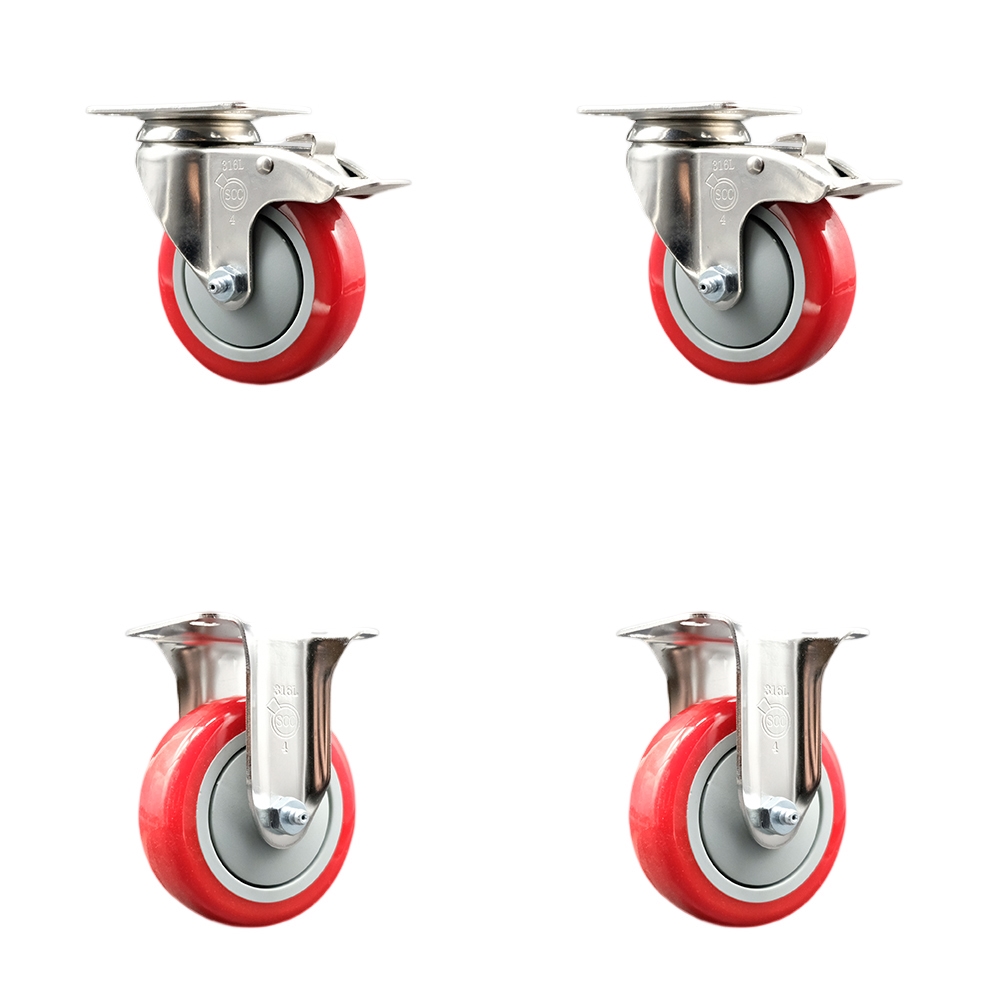 Polyurethane Swivel Top Plate Caster Set of 4 with 4 Inch Red Caster Wheels - 316 Stainless Steel Casters - Includes 2 Swivel with Total Lock Brakes and 2 Rigid - Service Caster Brand — photo 1