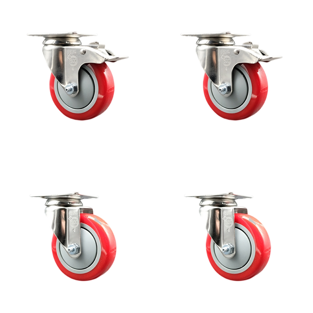 Polyurethane Swivel Top Plate Caster Set of 4 with 4 Inch Red Caster Wheels - 316 Stainless Steel Casters - Includes 2 Swivel with Total Lock Brakes and 2 Swivel - Service Caster Brand — photo 1