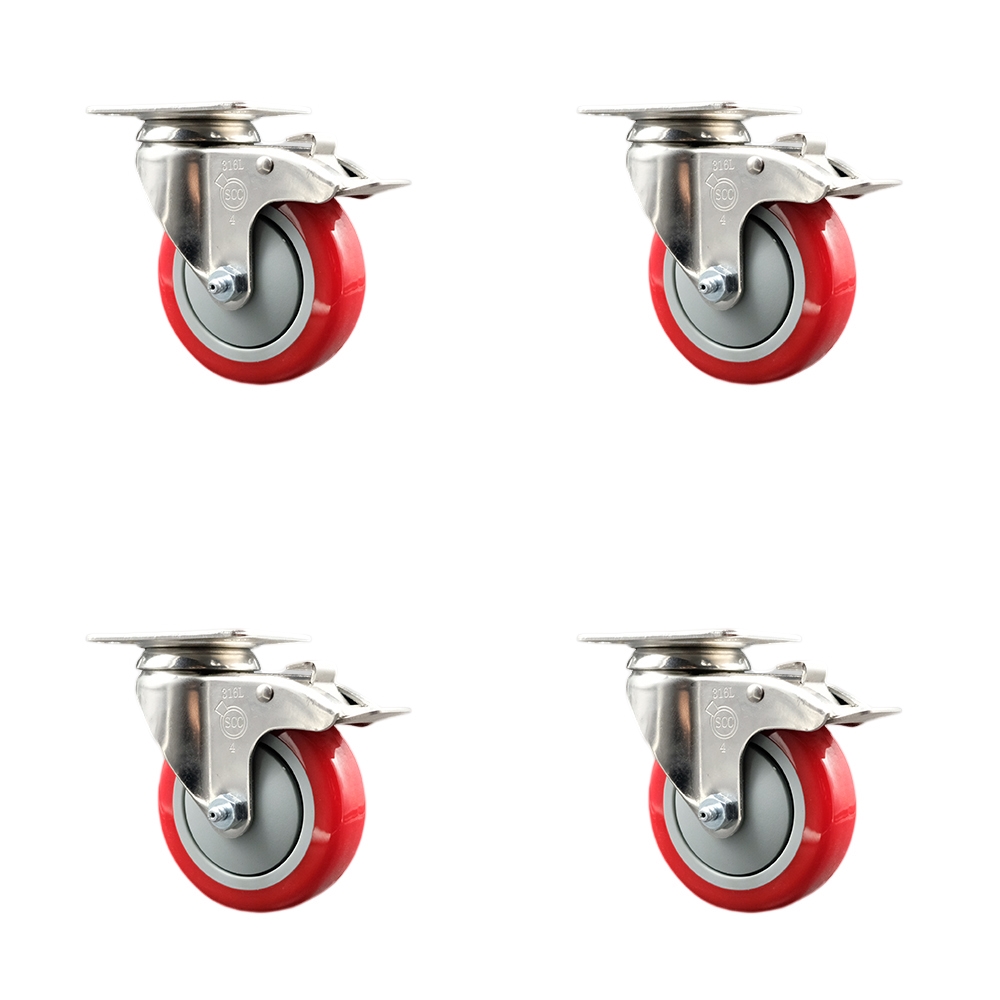 Polyurethane Swivel Top Plate Caster Set of 4 with 4 Inch Red Caster Wheels-316 Stainless Steel Caster- Includes 4 Swivel Casters with Total Lock Brake-1,400 lbs. Total Capacity- Service Caster Brand — photo 1