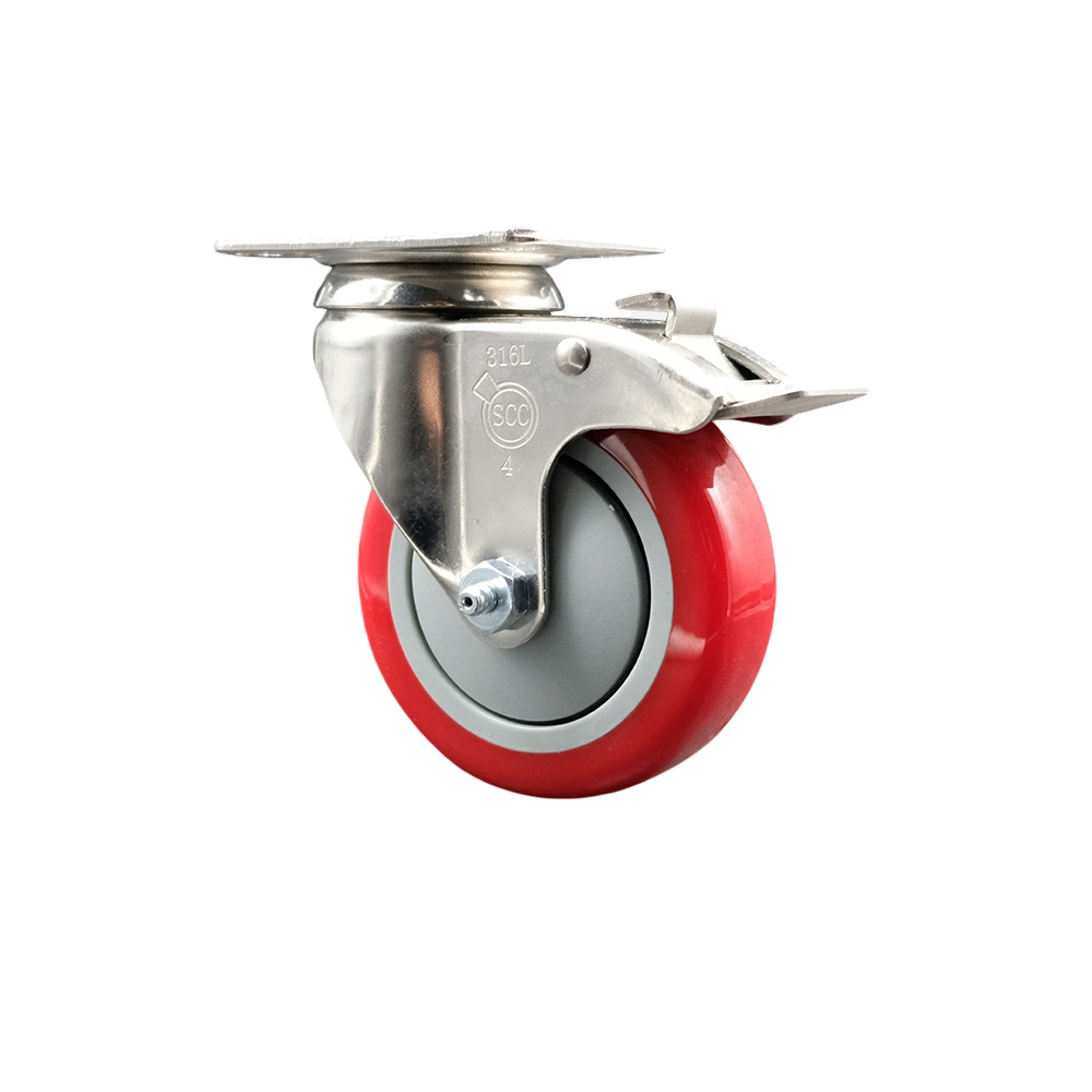 Polyurethane Swivel Top Plate Caster with 4 Inch Red Caster Wheel and Total Lock Brake - 316 Stainless Steel Caster - 350 lbs. Capacity Per Caster - Service Caster Brand — photo 1