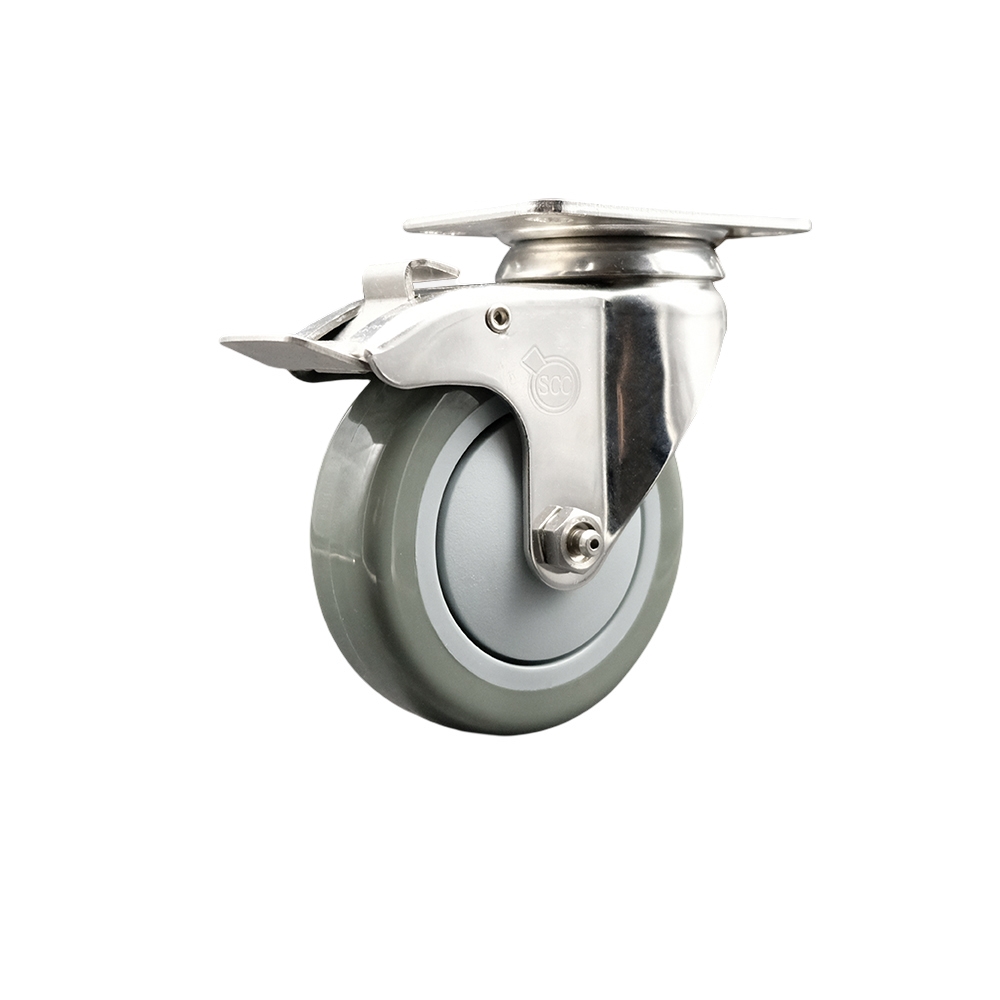 Polyurethane Swivel Top Plate Caster with 4 Inch Gray Caster Wheel and Total Lock Brake - 316 Stainless Steel Caster - 350 lbs. Capacity Per Caster - Service Caster Brand — photo 1