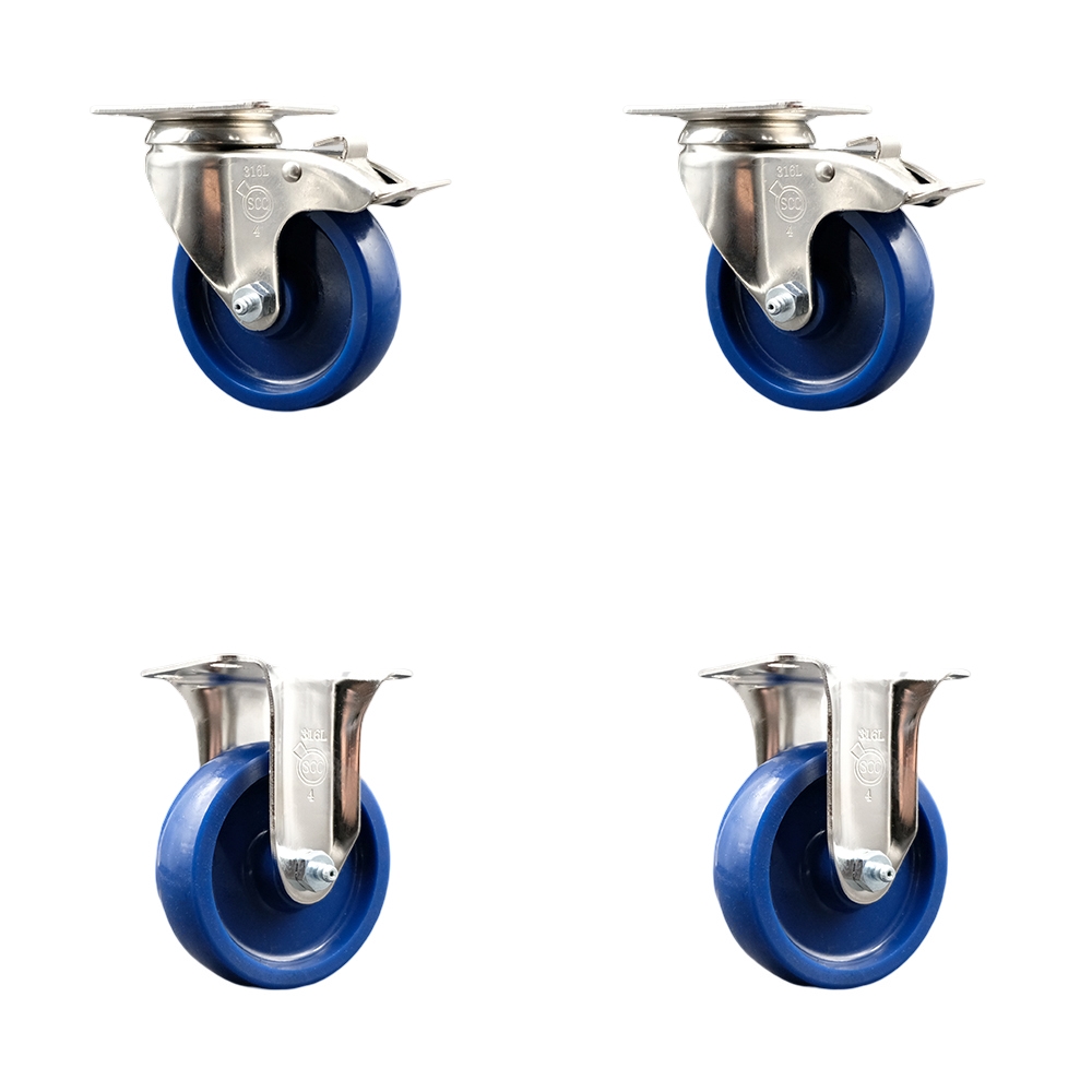 Solid Polyurethane Swivel Top Plate Caster Set of 4 with 4 Inch Blue Caster Wheels - 316 Stainless Steel Casters - Includes 2 Swivel with Total Lock Brakes and 2 Rigid - Service Caster Brand — photo 1