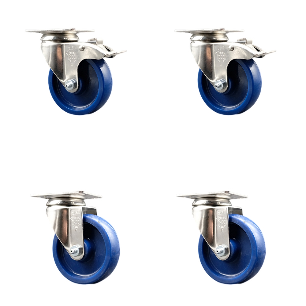 Solid Polyurethane Swivel Top Plate Caster Set of 4 with 4 Inch Blue Caster Wheels - 316 Stainless Steel Casters - Includes 2 Swivel with Total Lock Brakes and 2 Swivel - Service Caster Brand — photo 1