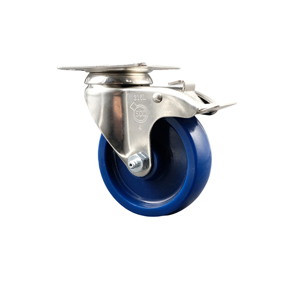 Solid Polyurethane Swivel Top Plate Caster with 4 Inch Blue Caster Wheel and Total Lock Brake - 316 Stainless Steel Caster - 300 lbs. Capacity Per Caster - Service Caster Brand — photo 1
