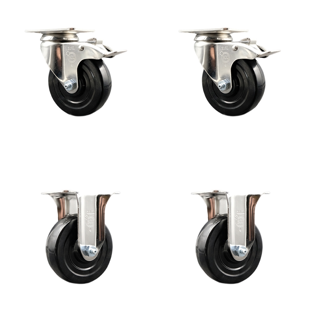 Soft Rubber Swivel Top Plate Caster Set of 4 with 4 Inch Black Caster Wheels - 316 Stainless Steel Casters - Includes 2 Swivel with Total Lock Brakes and 2 Rigid - Service Caster Brand — photo 1