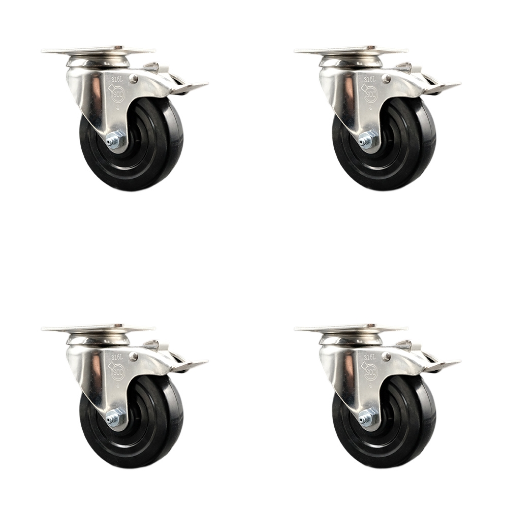 Soft Rubber Swivel Top Plate Caster Set of 4 with 4 Inch Black Caster Wheels-316 Stainless Steel Casters-Includes 4 Swivel Casters with Total Lock Brakes-800 lbs. Total Capacity-Service Caster Brand — photo 1