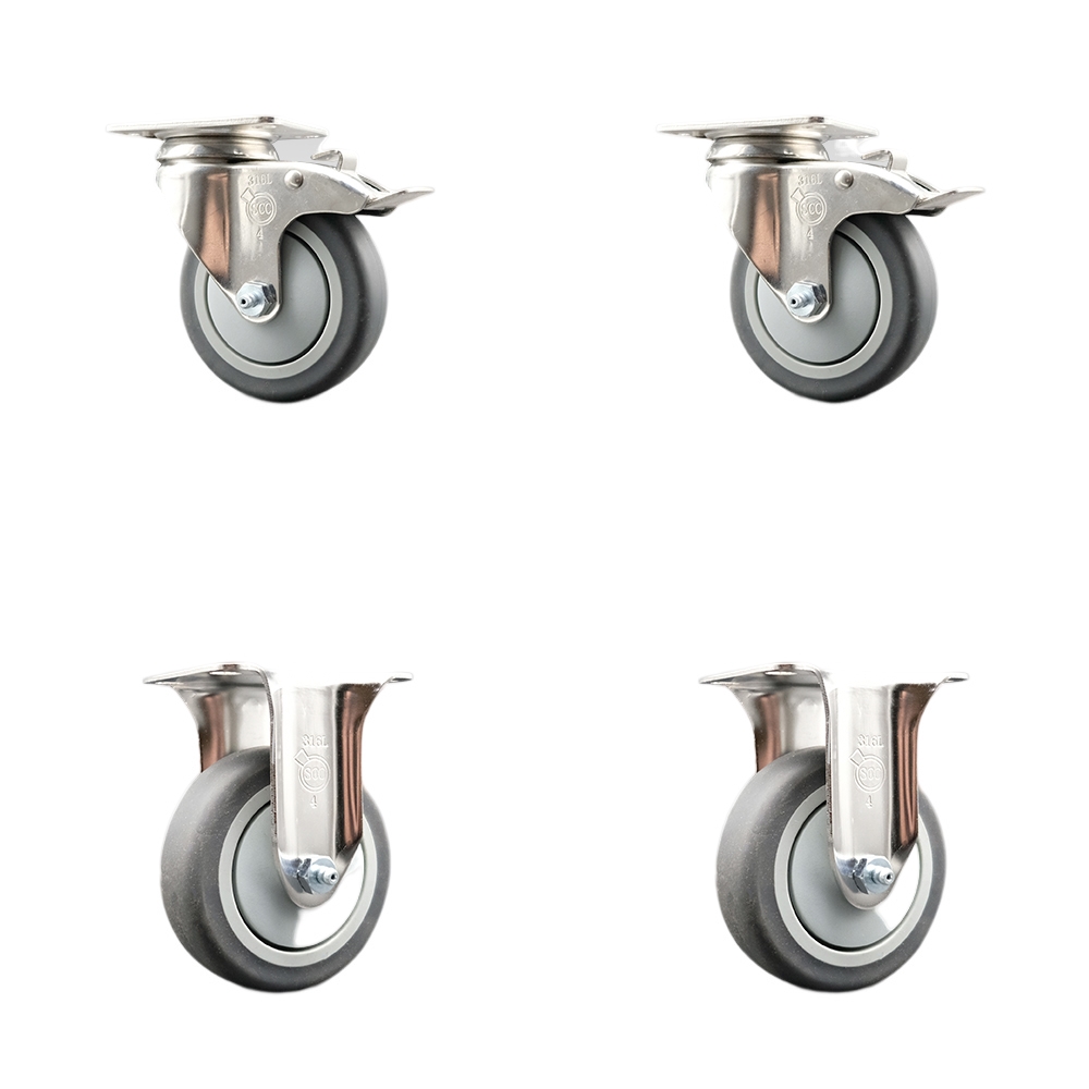 Thermoplastic Rubber Swivel Top Plate Caster Set of 4 with 4 Inch Gray Caster Wheels - 316 Stainless Steel Casters - Includes 2 Swivel with Total Lock Brakes and 2 Rigid - Service Caster Brand — photo 1