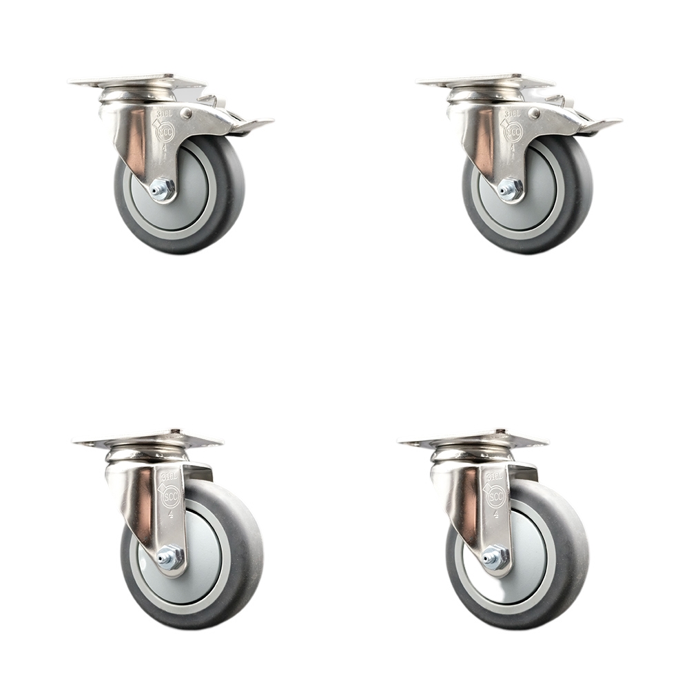 Thermoplastic Rubber Swivel Top Plate Caster Set of 4 with 4 Inch Gray Caster Wheels - 316 Stainless Steel Casters - Includes 2 Swivel with Total Lock Brakes and 2 Swivel - Service Caster Brand — photo 1
