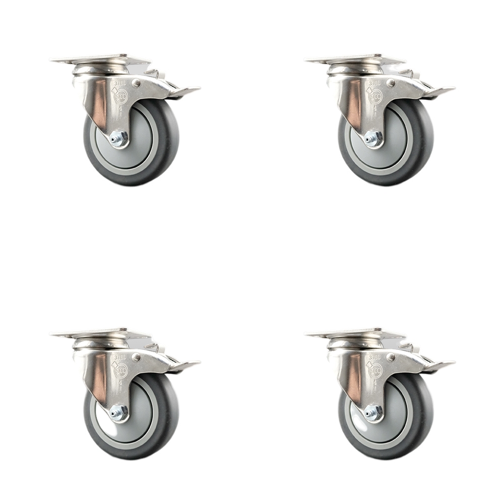 Thermoplastic Rubber Swivel Top Plate Caster Set of 4 with 4 Inch Caster Wheels-316 Stainless Steel Casters-Include 4 Swivel Casters with Total Lock Brake-1,000lbs. Total Capacity-Service Caster Brand — photo 1
