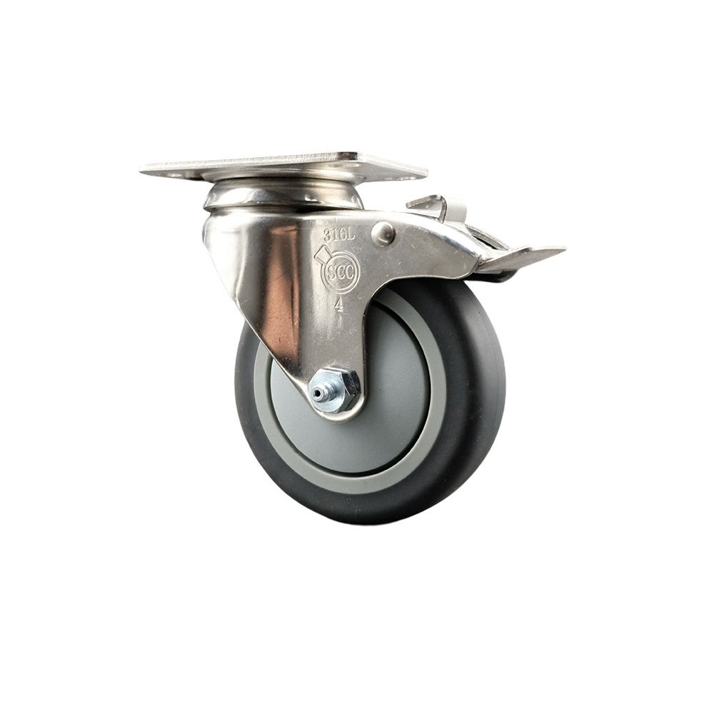 Thermoplastic Rubber Swivel Top Plate Caster with 4 Inch Gray Caster Wheel and Total Lock Brake - 316 Stainless Steel Caster - 250 lbs. Capacity Per Caster - Service Caster Brand — photo 1