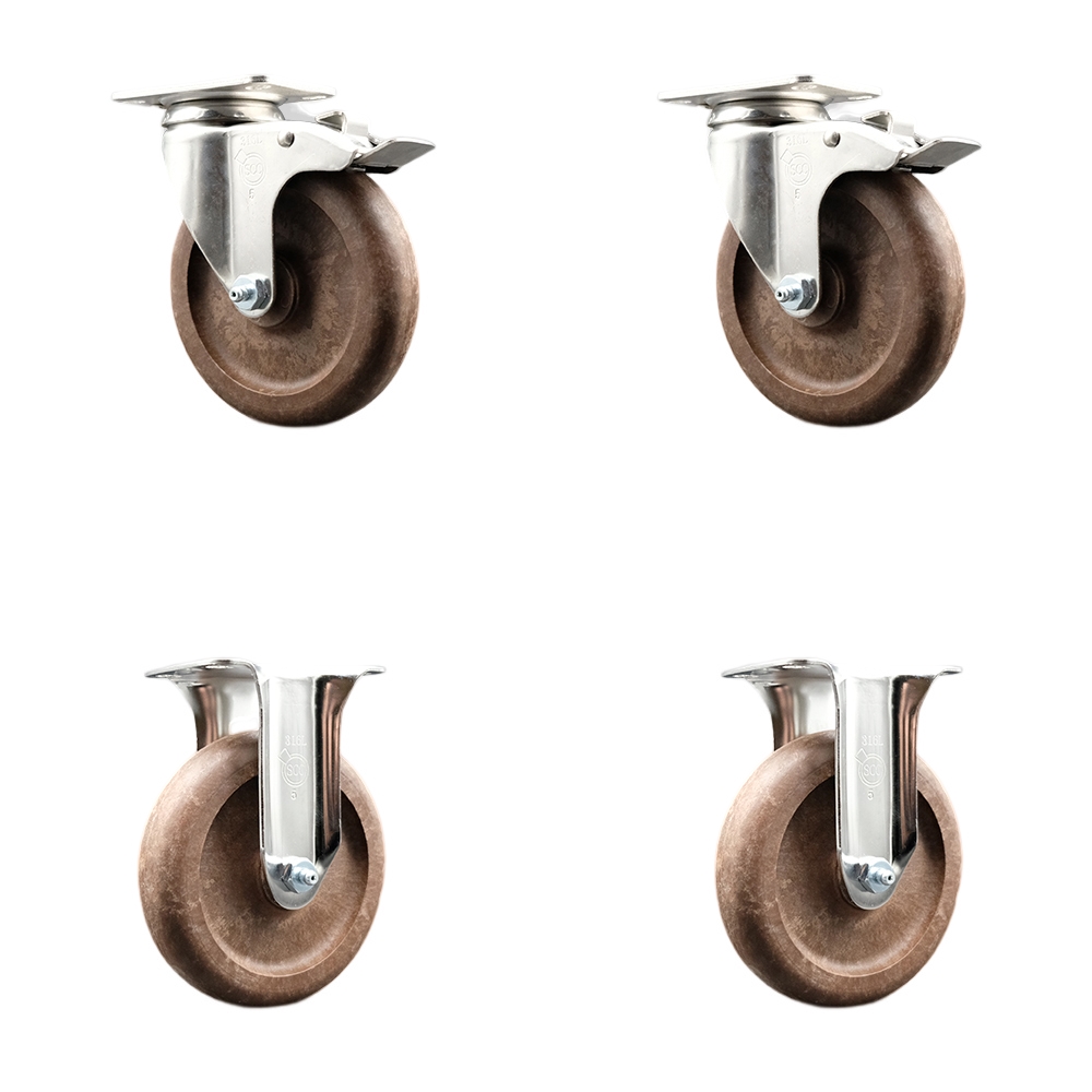 High Temp Glass Filled Nylon Swivel Top Plate Caster Set of 4 with 5 Inch Brown Caster Wheels - 316 Stainless Steel Casters - Includes 2 Swivel with Total Lock Brakes and 2 Rigid -Service Caster Brand — photo 1