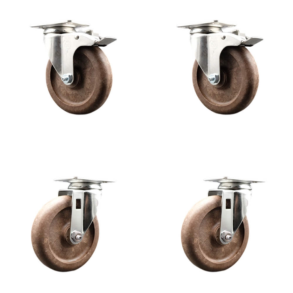 High Temp Glass Filled Nylon Swivel Top Plate Caster Set of 4 with 5 Inch Brown Caster Wheels - 316 Stainless Steel Casters - Includes 2 Swivel with Total Lock Brakes and 2 Swivel-Service Caster Brand — photo 1