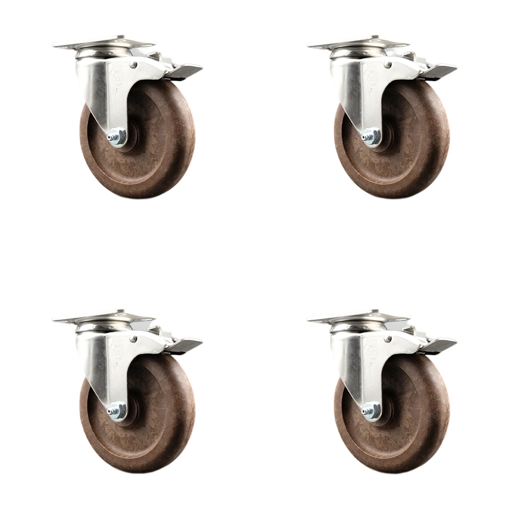 High Temp Glass Filled Nylon Swivel Top Plate Caster Set of 4 with 5 Inch Brown Caster Wheels - 316 Stainless Steel Casters - Includes 4 Swivel Casters with Total Lock Brakes - Service Caster Brand — photo 1