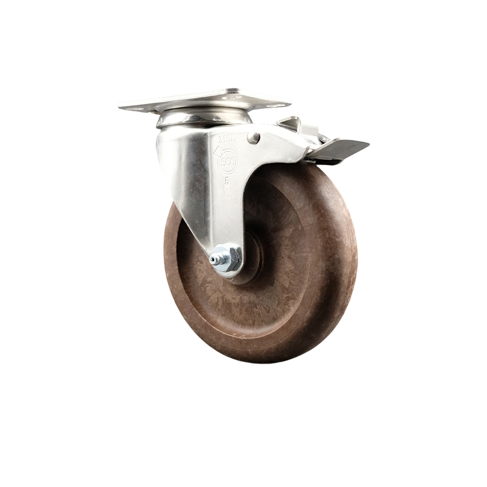 High Temperature Glass Filled Nylon Swivel Top Plate Caster with 5 Inch Brown Caster Wheel and Total Lock Brake - 316 Stainless Steel Caster - 350 lbs. Capacity Per Caster - Service Caster Brand — photo 1