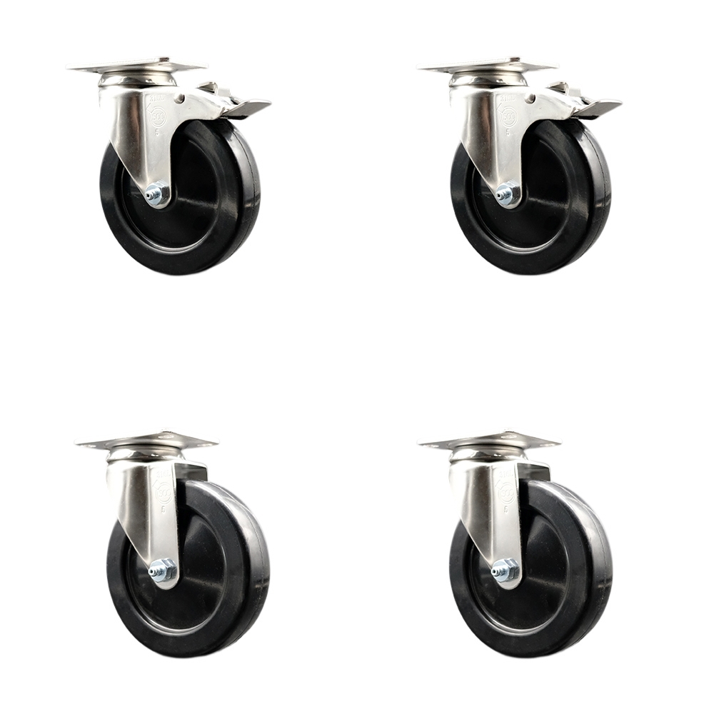Hard Rubber Swivel Top Plate Caster Set of 4 with 5 Inch Black Caster Wheels - 316 Stainless Steel Casters - Includes 2 Swivel with Total Lock Brakes and 2 Swivel - Service Caster Brand — photo 1