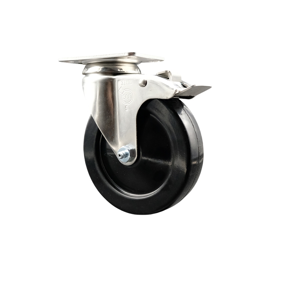 Hard Rubber Swivel Top Plate Caster with 5 Inch Black Caster Wheel and Total Lock Brake - 316 Stainless Steel Caster - 300 lbs. Capacity Per Caster - Service Caster Brand — photo 1