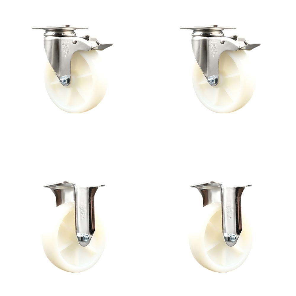 Nylon Swivel Top Plate Caster Set of 4 with 5 Inch White Caster Wheels - 316 Stainless Steel Casters - Includes 2 Swivel with Total Lock Brakes and 2 Rigid - Service Caster Brand — photo 1
