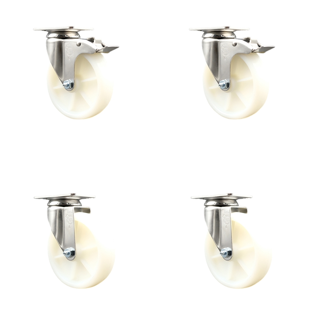 Nylon Swivel Top Plate Caster Set of 4 with 5 Inch White Caster Wheels - 316 Stainless Steel Casters - Includes 2 Swivel with Total Lock Brakes and 2 Swivel - Service Caster Brand — photo 1