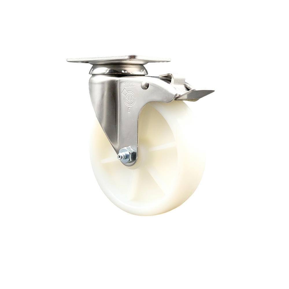 Nylon Swivel Top Plate Caster with 5 Inch White Caster Wheel and Total Lock Brake - 316 Stainless Steel Caster - 300 lbs. Capacity Per Caster - Service Caster Brand — photo 1