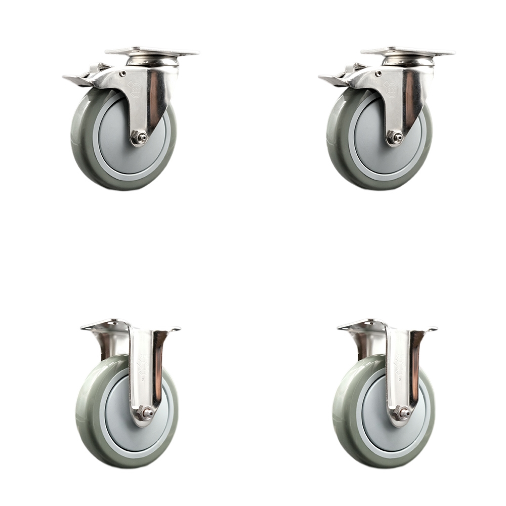 Polyurethane Swivel Top Plate Caster Set of 4 with 5 Inch Gray Caster Wheels - 316 Stainless Steel Casters - Includes 2 Swivel with Total Lock Brakes and 2 Rigid - Service Caster Brand — photo 1