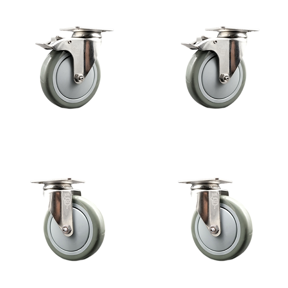 Polyurethane Swivel Top Plate Caster Set of 4 with 5 Inch Gray Caster Wheels - 316 Stainless Steel Casters - Includes 2 Swivel with Total Lock Brakes and 2 Swivel - Service Caster Brand — photo 1